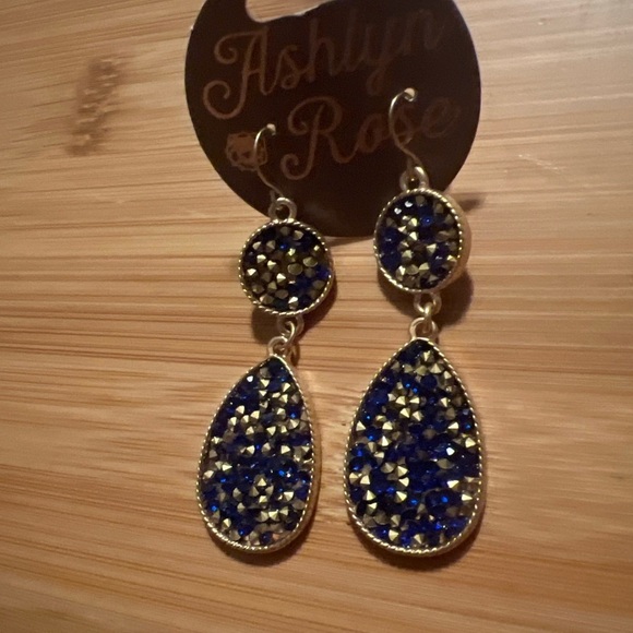 ASHLYN ROSE ROYAL BLUE And GOLD GLITTER TEAR DROP DANGLE EARRINGS - Picture 5 of 9
